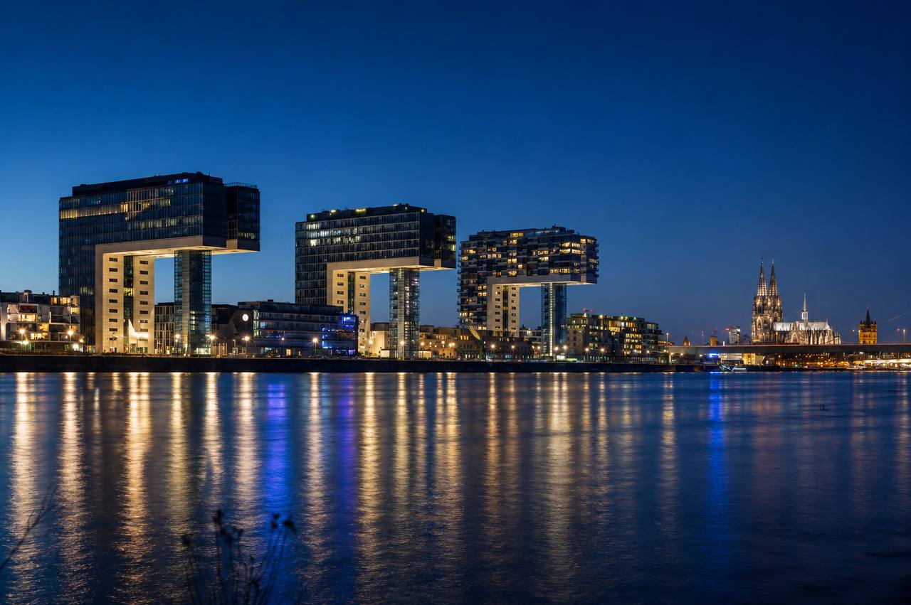Sicherheitsdienst Köln – Skyline mit Kranhäusern und Kölner Dom bei Nacht